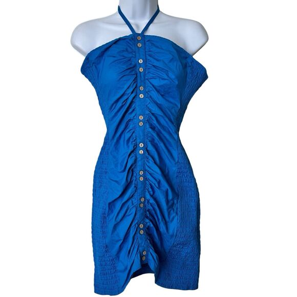 Free People L Bali Babe Royal Blue Bodycon Gather Cotton Halter Y2K Dress - Picture 2 of 10
